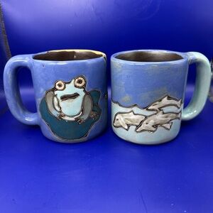 2 Stoneware Mugs by Famed Sculptor Mara of Mexico: Dolfins and turtles/frog.